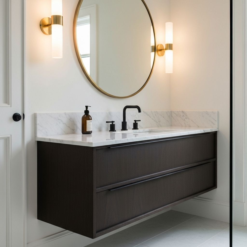 Mueble de bano flotante en madera oscura con tapa de marmol y espejo redondo