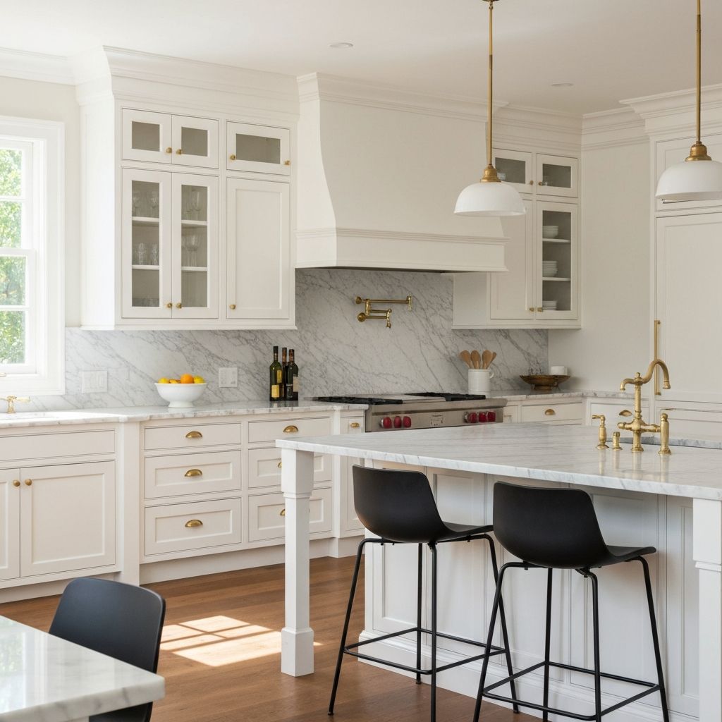 Cocina clasica con gabinetes blancos shaker y encimera de marmol