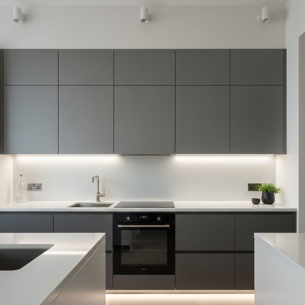 Cocina minimalista con gabinetes gris oscuro sin tiradores