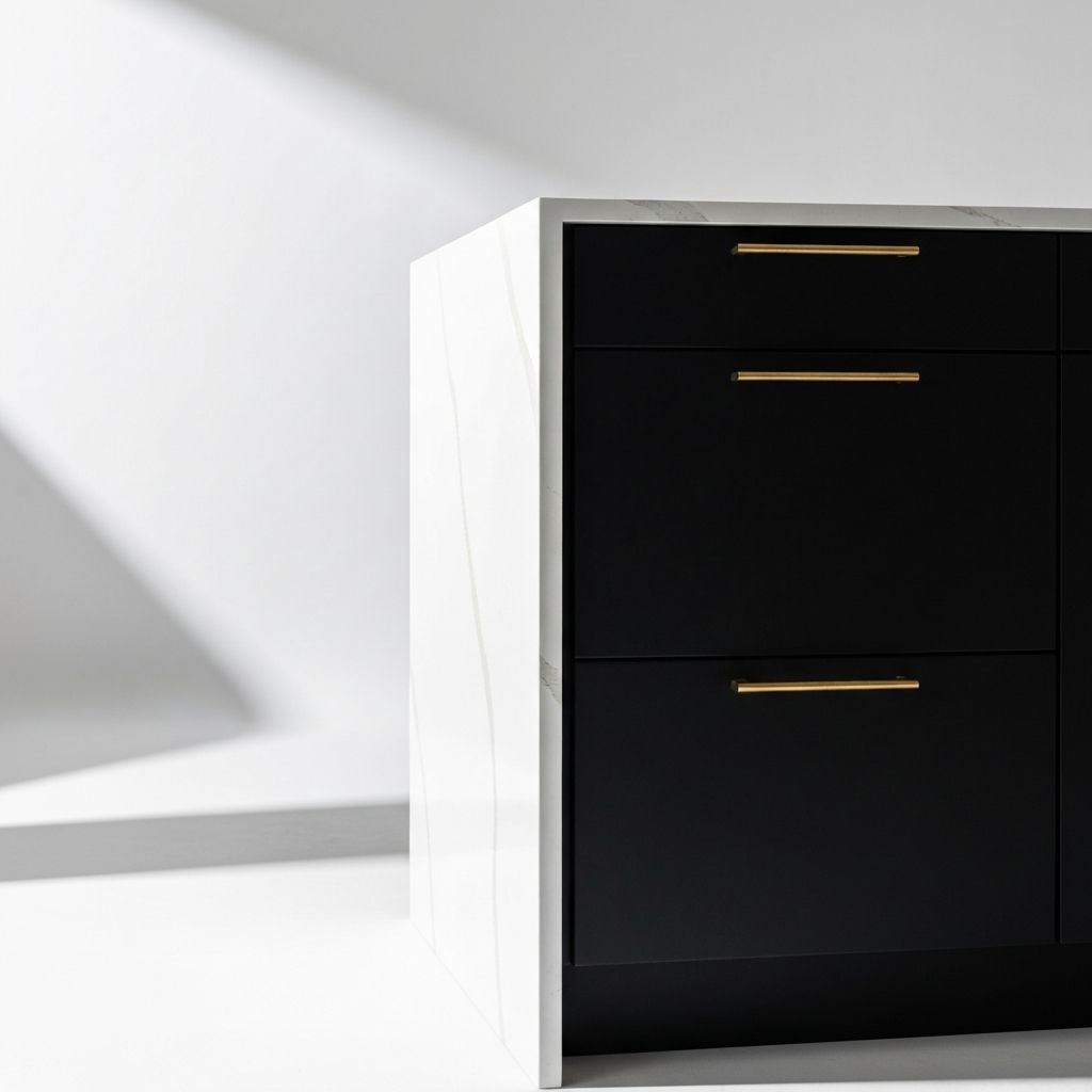 Cocina moderna con gabinetes negros mate y encimera de cuarzo blanco