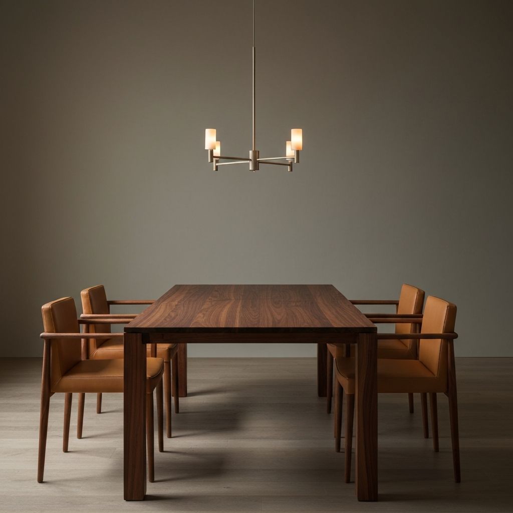 Mesa de comedor de madera de nogal oscuro con sillas de cuero tan