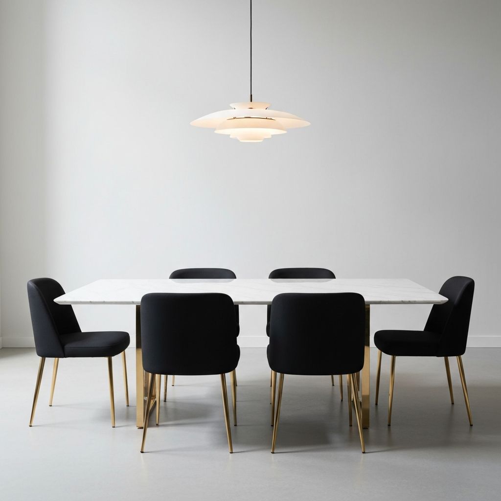 Mesa de comedor rectangular de marmol blanco con sillas tapizadas negras