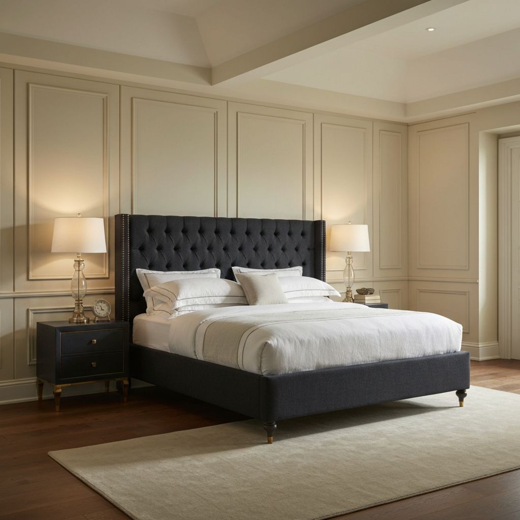 Cama king size con cabecera tapizada en charcoal y mesas de noche con acentos dorados