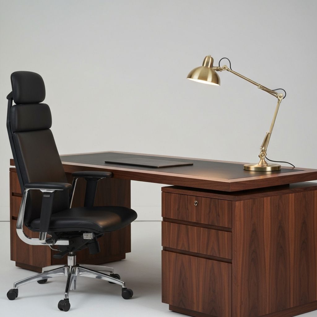 Escritorio ejecutivo en nogal oscuro con silla de cuero negro