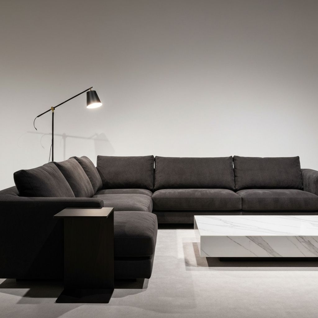 Sala contemporanea con sofa seccional gris oscuro en forma de L