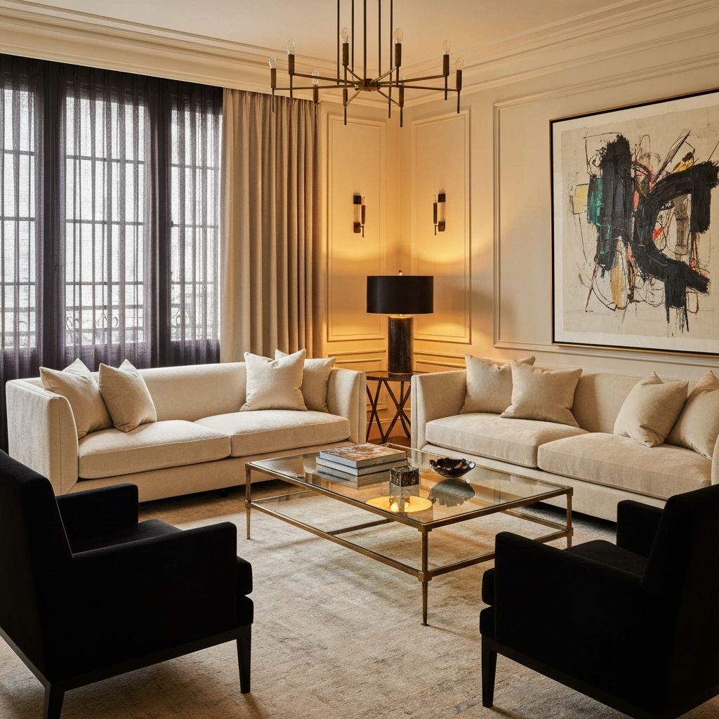 Sala elegante con sofa de terciopelo crema y sillones de acento negro