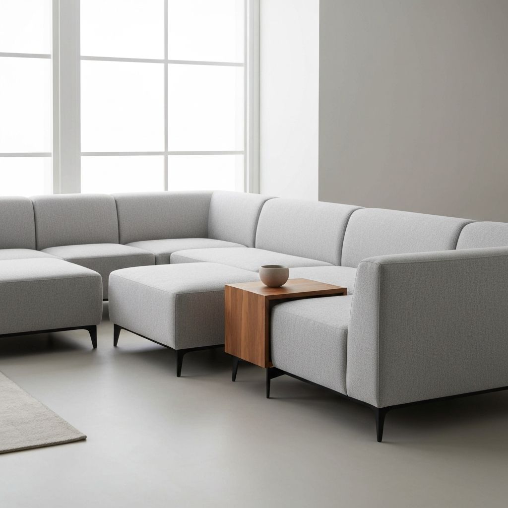 Sofa modular gris claro en configuracion U con patas de metal negro