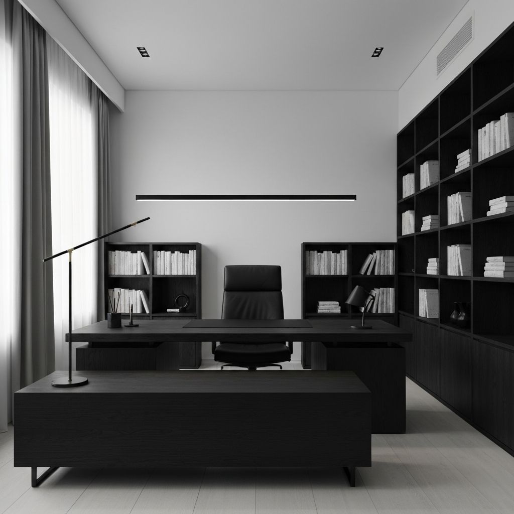 Oficina ejecutiva moderna con madera oscura y cuero.