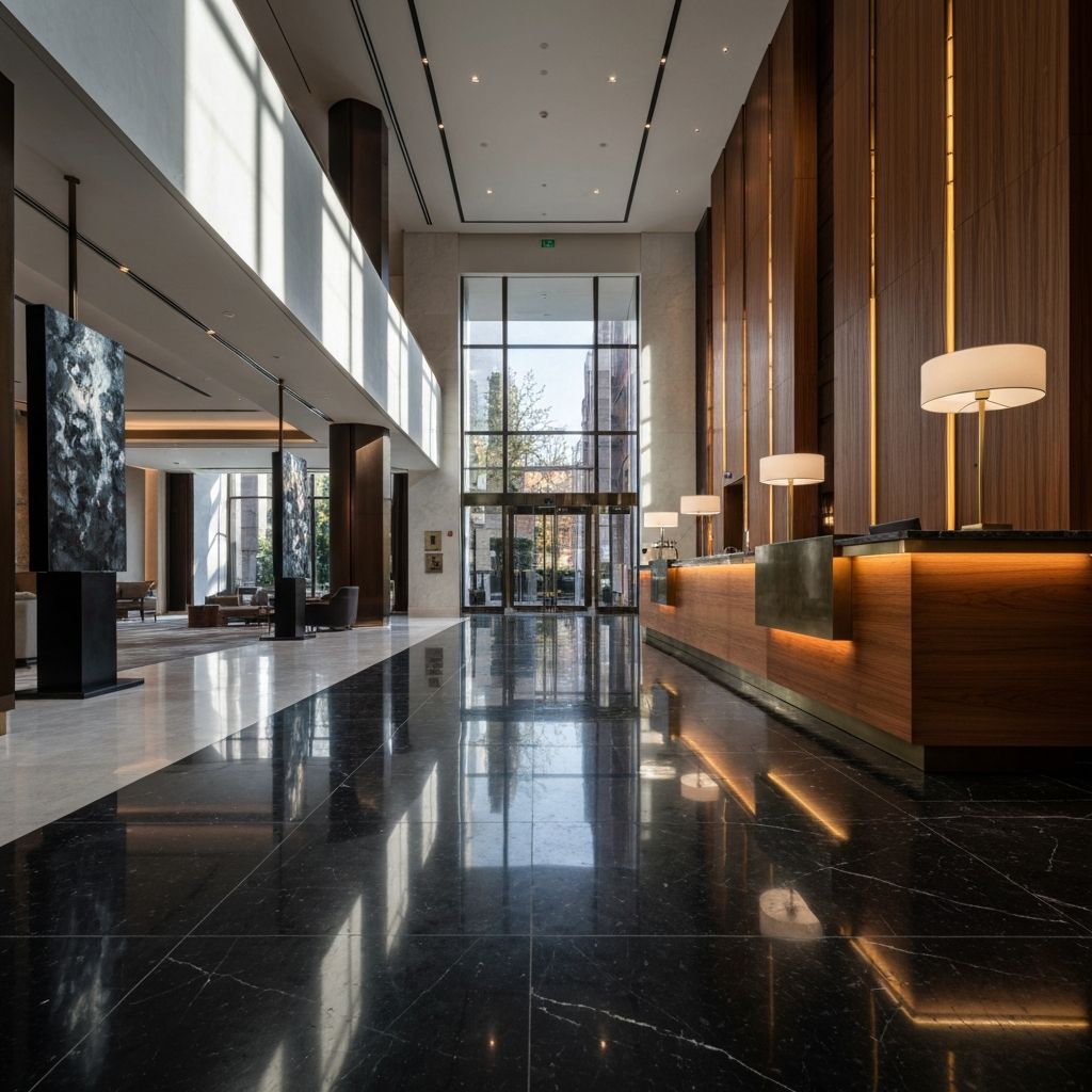 Lobby de hotel de lujo con mármol negro y arte contemporáneo.
